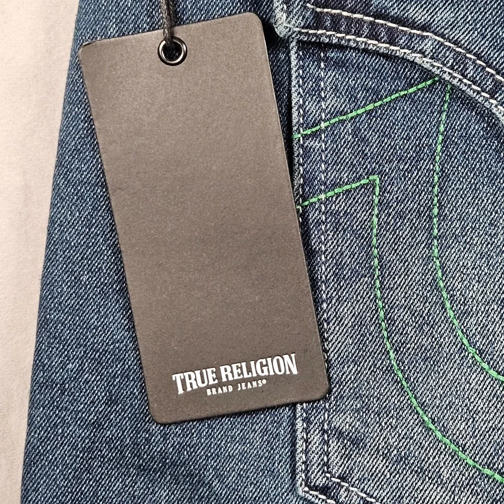 NEW True Religion Ricky Relaxed Straight Jeans Mens 38x34 Dark Wash Flap Pockets